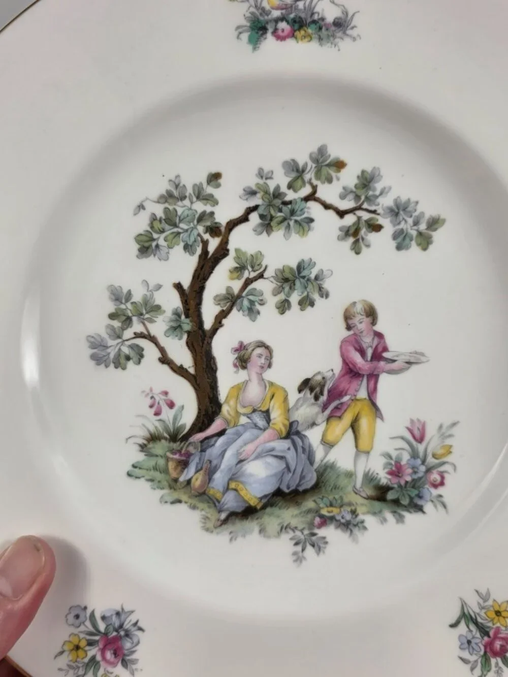 TWO Royal Worcester Watteau Luncheon Plates People in Center with Flowers & Tree